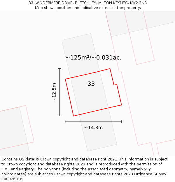 33, WINDERMERE DRIVE, BLETCHLEY, MILTON KEYNES, MK2 3NR: Plot and title map