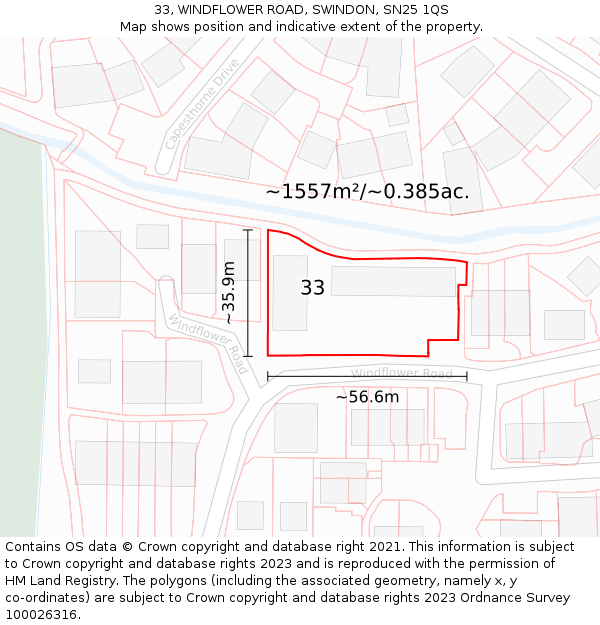 33, WINDFLOWER ROAD, SWINDON, SN25 1QS: Plot and title map