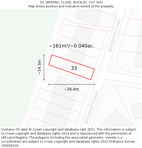 33, WINDMILL CLOSE, BUCKLEY, CH7 3HU: Plot and title map
