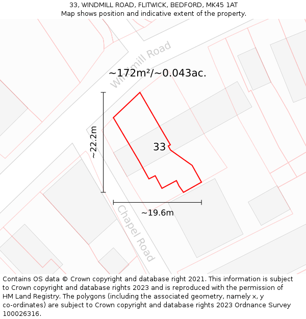 33, WINDMILL ROAD, FLITWICK, BEDFORD, MK45 1AT: Plot and title map