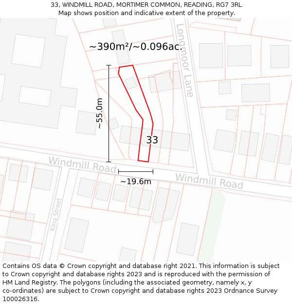 33, WINDMILL ROAD, MORTIMER COMMON, READING, RG7 3RL: Plot and title map