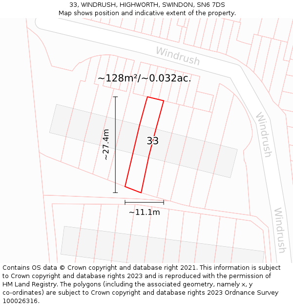 33, WINDRUSH, HIGHWORTH, SWINDON, SN6 7DS: Plot and title map