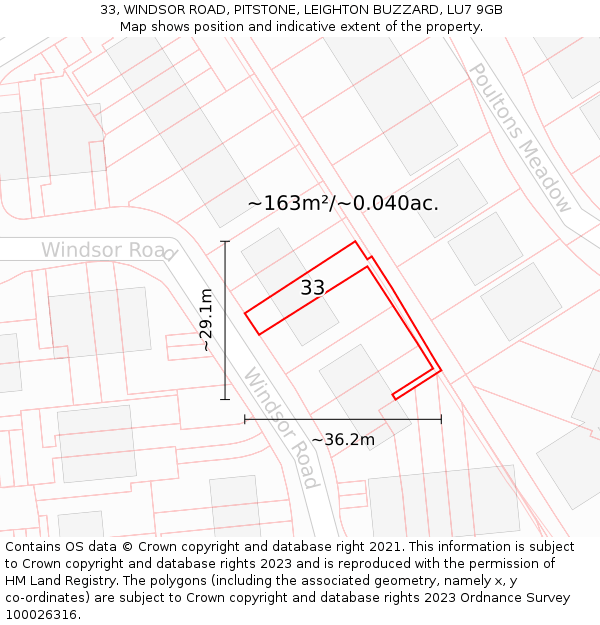 33, WINDSOR ROAD, PITSTONE, LEIGHTON BUZZARD, LU7 9GB: Plot and title map
