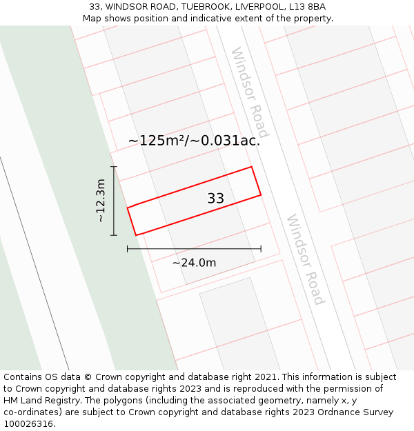33, WINDSOR ROAD, TUEBROOK, LIVERPOOL, L13 8BA: Plot and title map