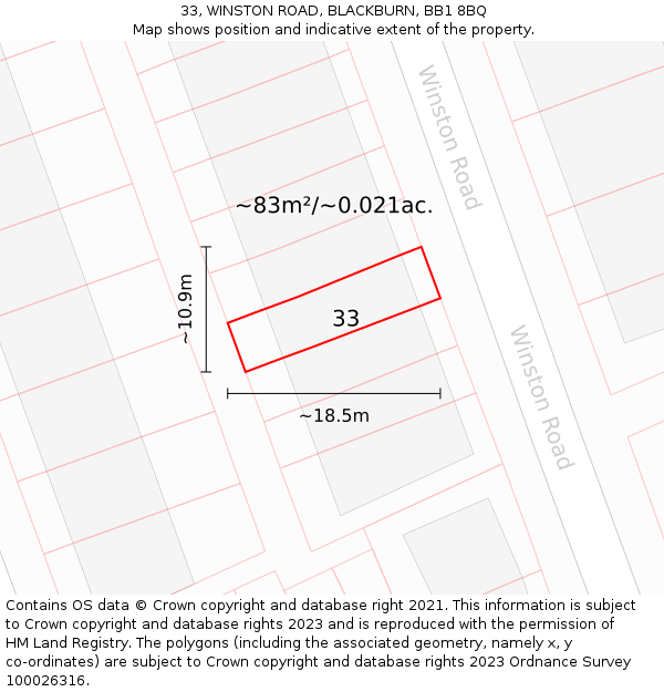 33, WINSTON ROAD, BLACKBURN, BB1 8BQ: Plot and title map