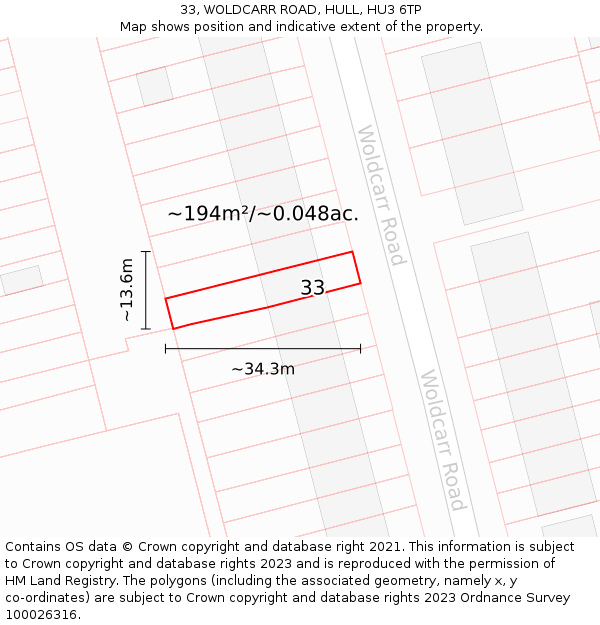 33, WOLDCARR ROAD, HULL, HU3 6TP: Plot and title map
