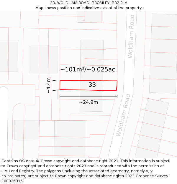 33, WOLDHAM ROAD, BROMLEY, BR2 9LA: Plot and title map