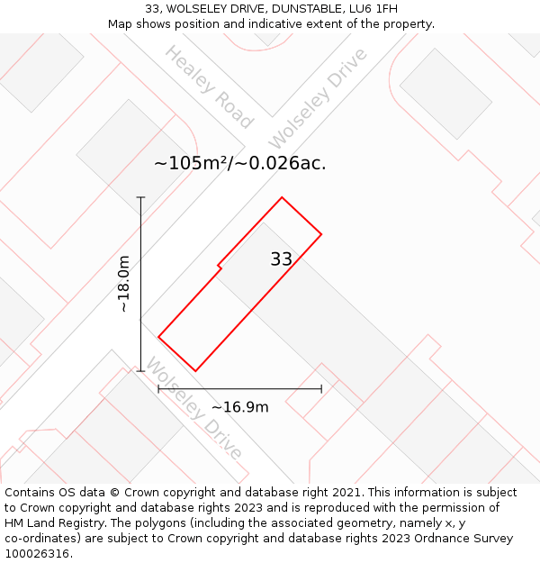 33, WOLSELEY DRIVE, DUNSTABLE, LU6 1FH: Plot and title map