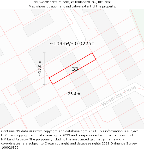 33, WOODCOTE CLOSE, PETERBOROUGH, PE1 3RP: Plot and title map