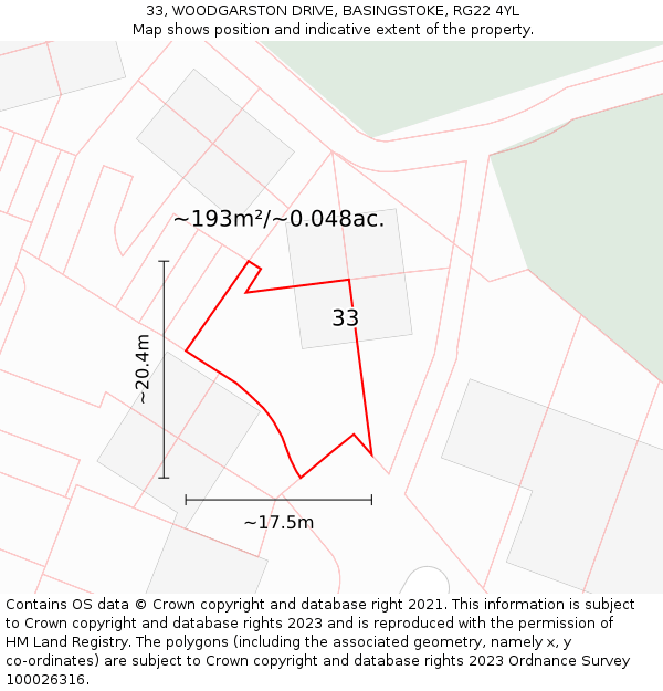 33, WOODGARSTON DRIVE, BASINGSTOKE, RG22 4YL: Plot and title map