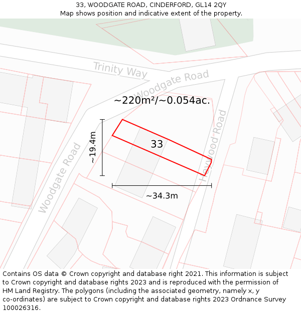 33, WOODGATE ROAD, CINDERFORD, GL14 2QY: Plot and title map