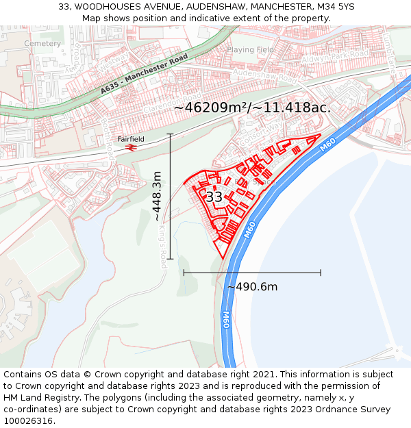 33, WOODHOUSES AVENUE, AUDENSHAW, MANCHESTER, M34 5YS: Plot and title map