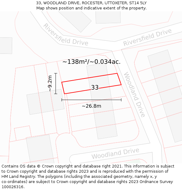 33, WOODLAND DRIVE, ROCESTER, UTTOXETER, ST14 5LY: Plot and title map