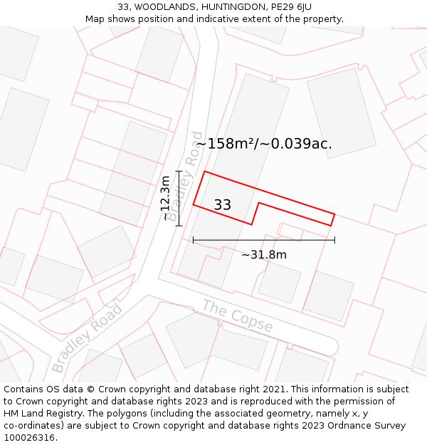 33, WOODLANDS, HUNTINGDON, PE29 6JU: Plot and title map