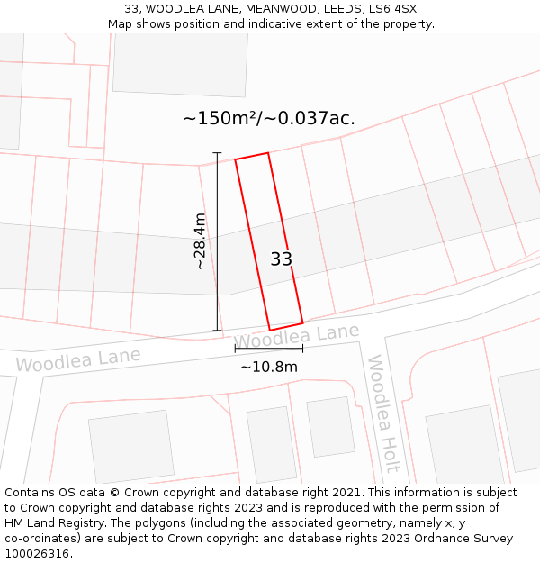 33, WOODLEA LANE, MEANWOOD, LEEDS, LS6 4SX: Plot and title map