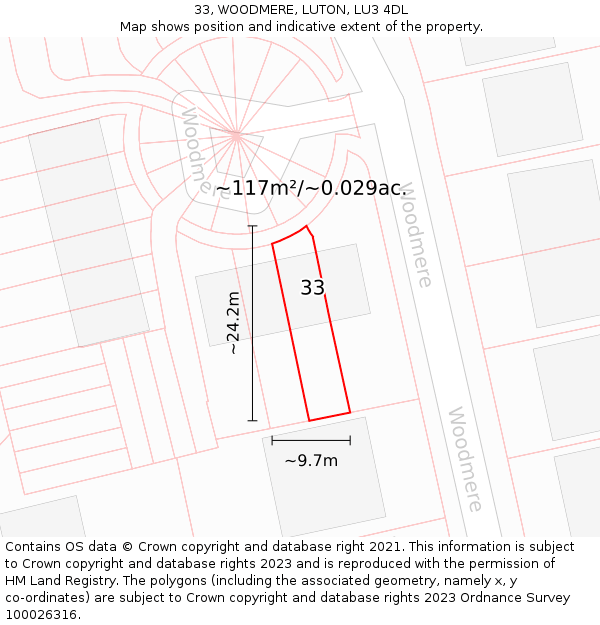 33, WOODMERE, LUTON, LU3 4DL: Plot and title map