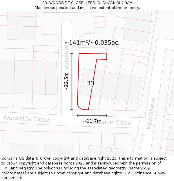 33, WOODSIDE CLOSE, LEES, OLDHAM, OL4 3AA: Plot and title map