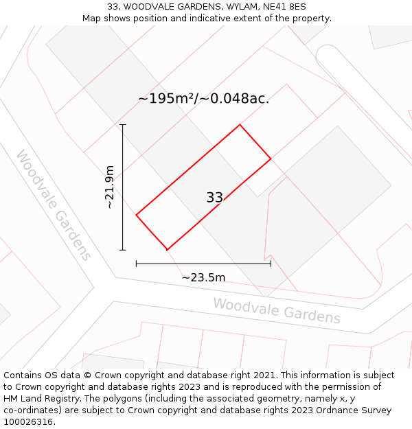 33, WOODVALE GARDENS, WYLAM, NE41 8ES: Plot and title map
