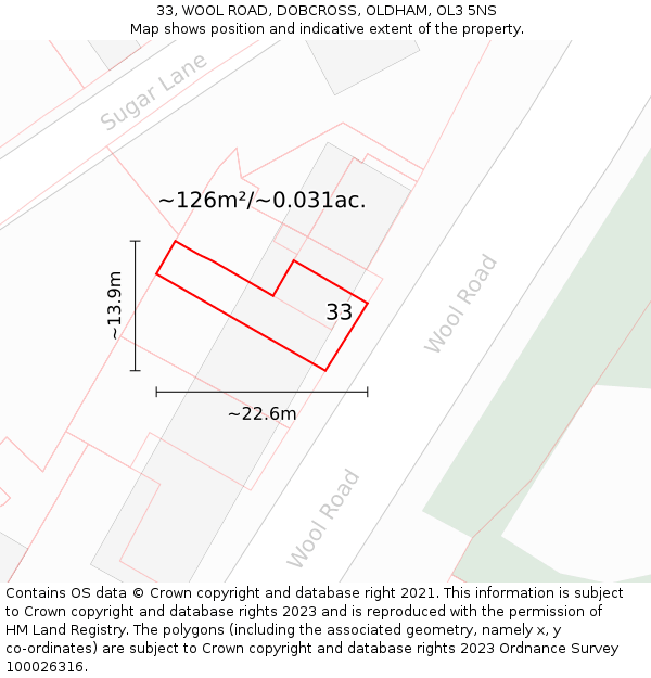 33, WOOL ROAD, DOBCROSS, OLDHAM, OL3 5NS: Plot and title map