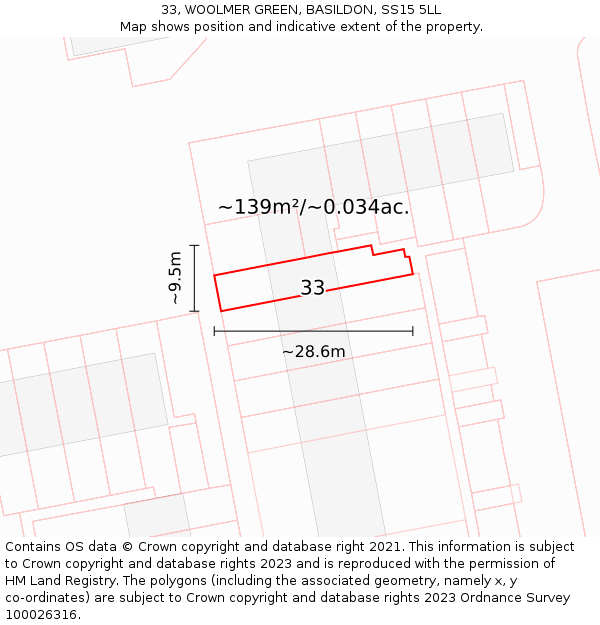 33, WOOLMER GREEN, BASILDON, SS15 5LL: Plot and title map