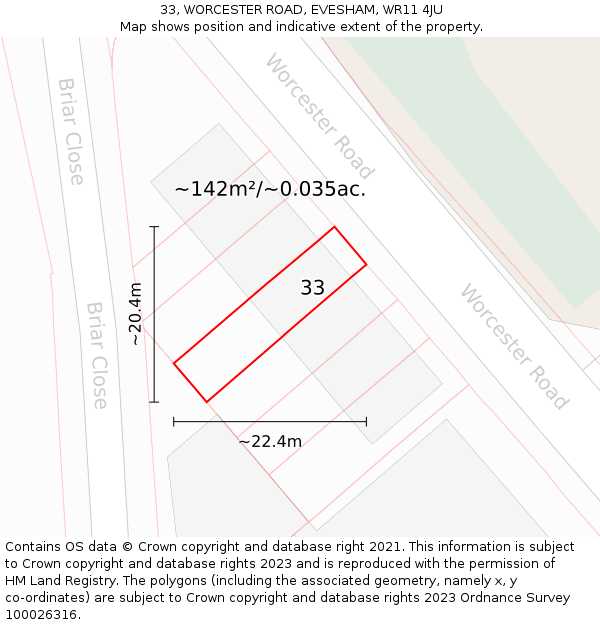33, WORCESTER ROAD, EVESHAM, WR11 4JU: Plot and title map