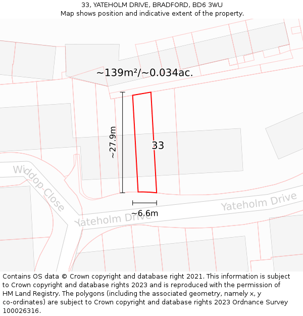 33, YATEHOLM DRIVE, BRADFORD, BD6 3WU: Plot and title map