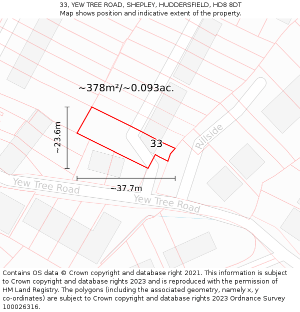 33, YEW TREE ROAD, SHEPLEY, HUDDERSFIELD, HD8 8DT: Plot and title map