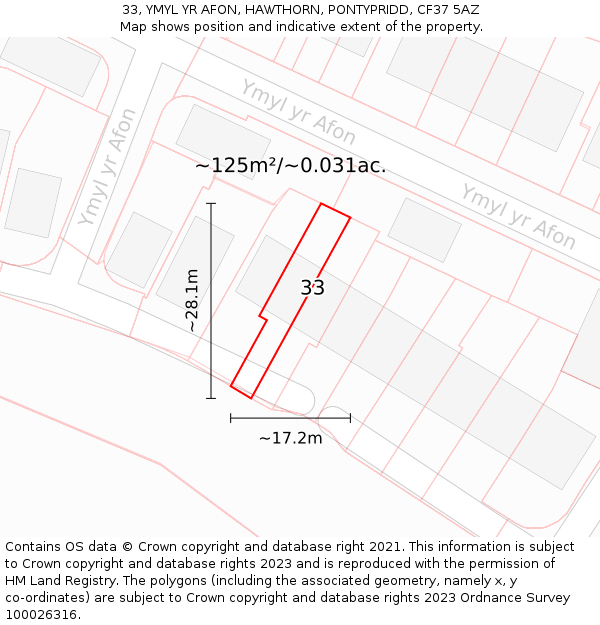 33, YMYL YR AFON, HAWTHORN, PONTYPRIDD, CF37 5AZ: Plot and title map