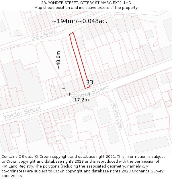 33, YONDER STREET, OTTERY ST MARY, EX11 1HD: Plot and title map