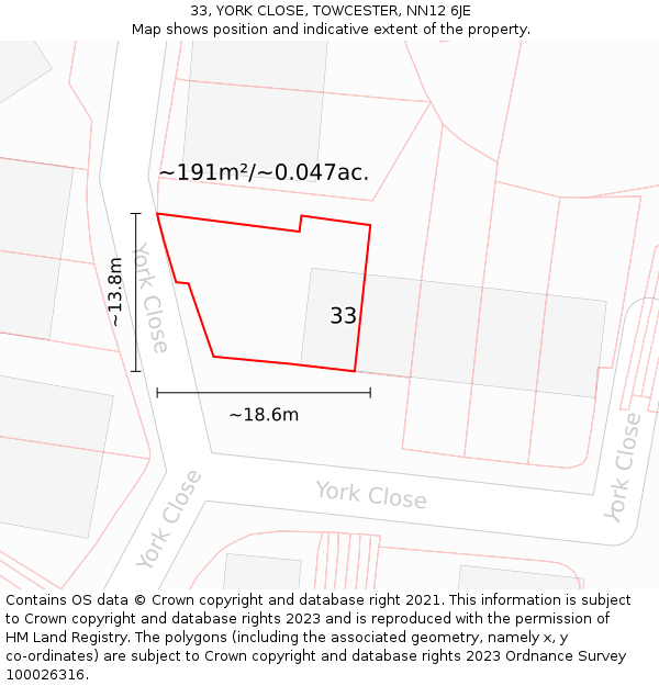 33, YORK CLOSE, TOWCESTER, NN12 6JE: Plot and title map