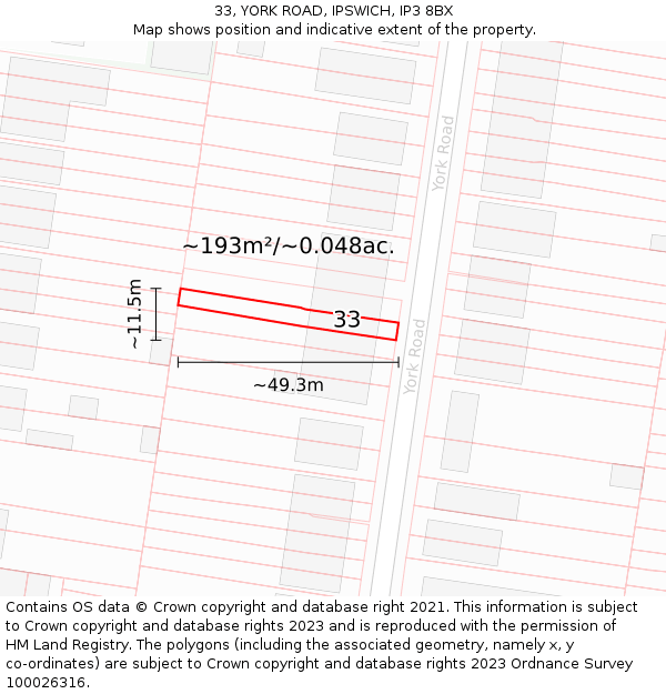 33, YORK ROAD, IPSWICH, IP3 8BX: Plot and title map