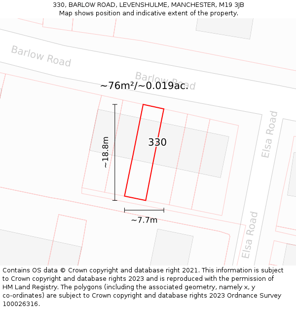330, BARLOW ROAD, LEVENSHULME, MANCHESTER, M19 3JB: Plot and title map