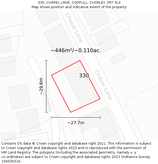 330, CHAPEL LANE, COPPULL, CHORLEY, PR7 4LX: Plot and title map