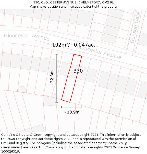 330, GLOUCESTER AVENUE, CHELMSFORD, CM2 9LJ: Plot and title map