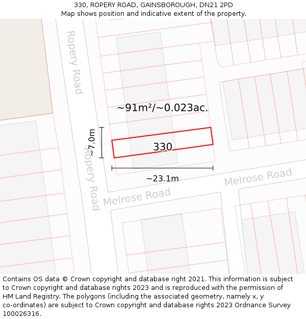330, ROPERY ROAD, GAINSBOROUGH, DN21 2PD: Plot and title map
