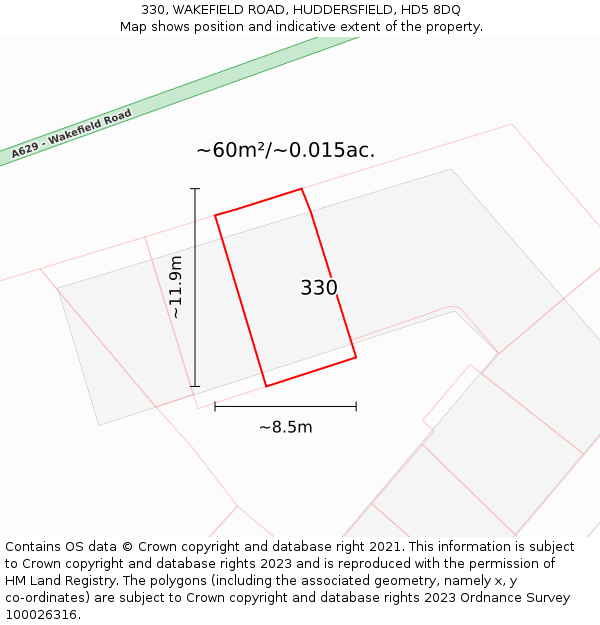 330, WAKEFIELD ROAD, HUDDERSFIELD, HD5 8DQ: Plot and title map