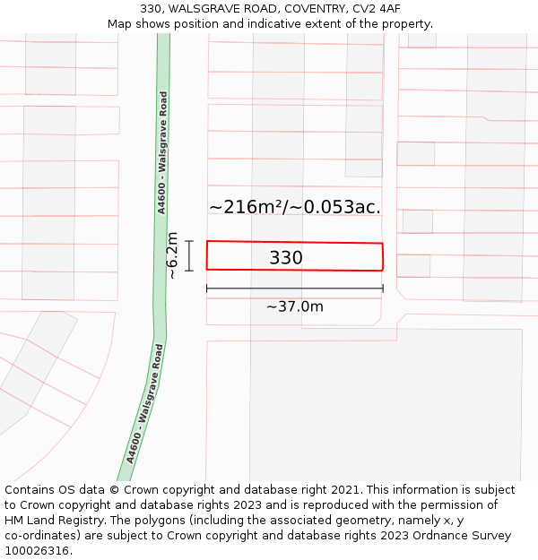 330, WALSGRAVE ROAD, COVENTRY, CV2 4AF: Plot and title map