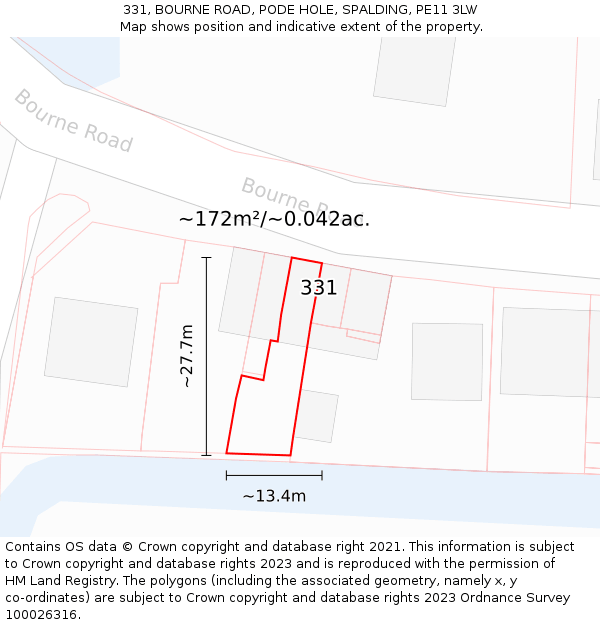 331, BOURNE ROAD, PODE HOLE, SPALDING, PE11 3LW: Plot and title map
