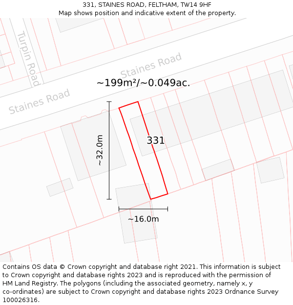 331, STAINES ROAD, FELTHAM, TW14 9HF: Plot and title map