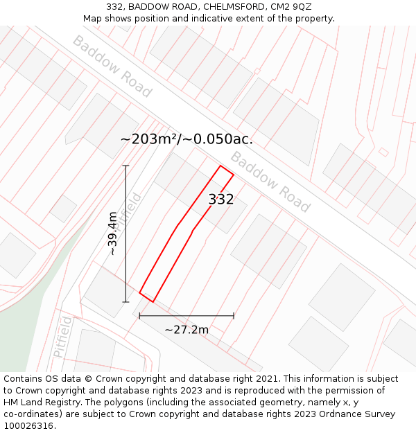 332, BADDOW ROAD, CHELMSFORD, CM2 9QZ: Plot and title map