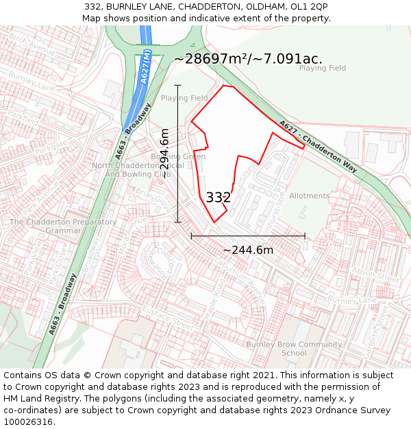 332, BURNLEY LANE, CHADDERTON, OLDHAM, OL1 2QP: Plot and title map