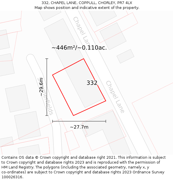332, CHAPEL LANE, COPPULL, CHORLEY, PR7 4LX: Plot and title map