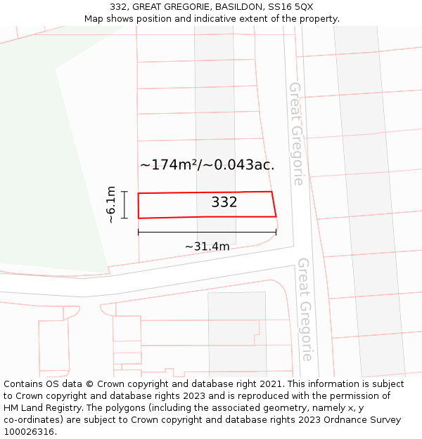 332, GREAT GREGORIE, BASILDON, SS16 5QX: Plot and title map