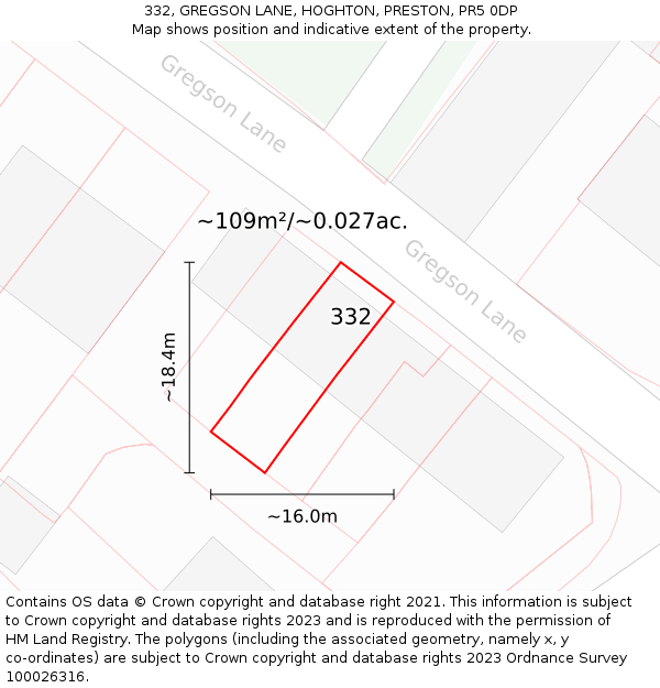 332, GREGSON LANE, HOGHTON, PRESTON, PR5 0DP: Plot and title map