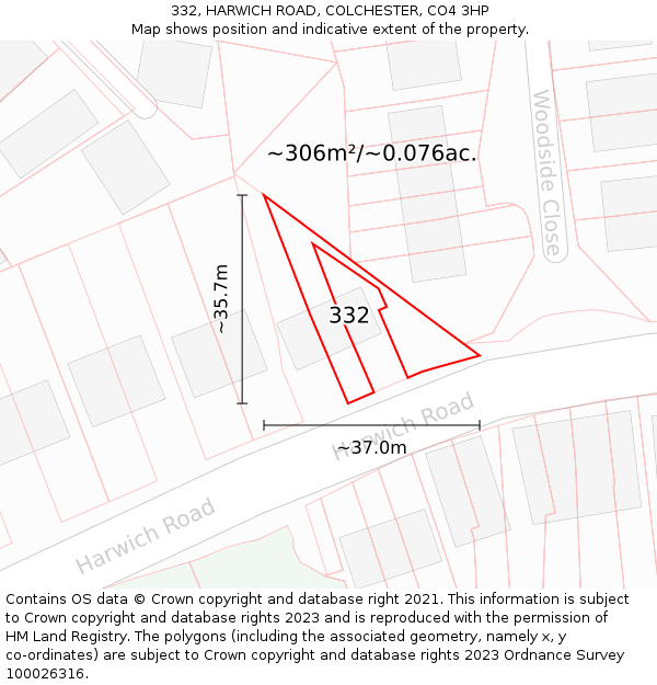 332, HARWICH ROAD, COLCHESTER, CO4 3HP: Plot and title map