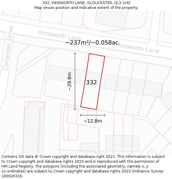 332, INNSWORTH LANE, GLOUCESTER, GL3 1HD: Plot and title map