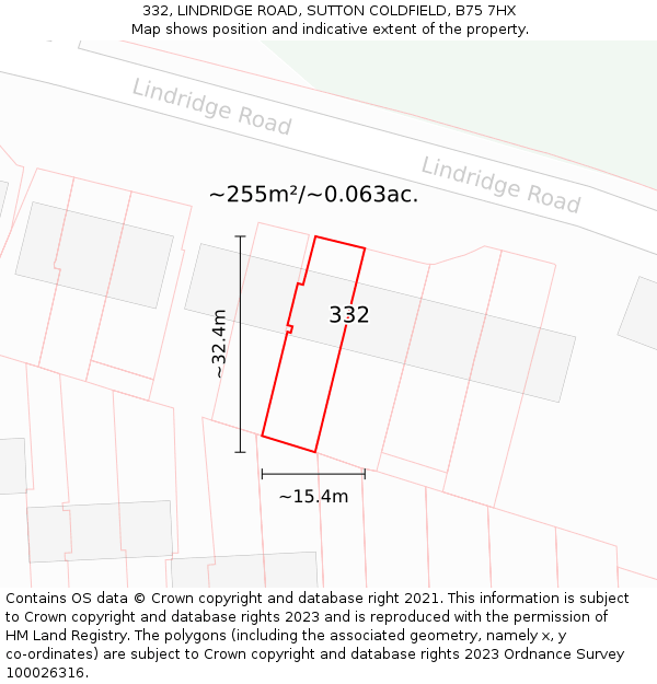 332, LINDRIDGE ROAD, SUTTON COLDFIELD, B75 7HX: Plot and title map