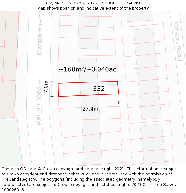 332, MARTON ROAD, MIDDLESBROUGH, TS4 2NU: Plot and title map