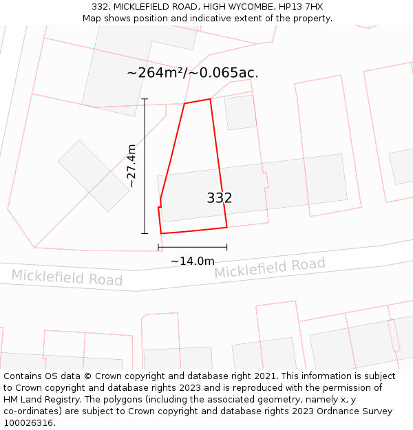 332, MICKLEFIELD ROAD, HIGH WYCOMBE, HP13 7HX: Plot and title map