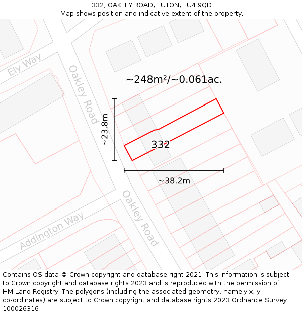 332, OAKLEY ROAD, LUTON, LU4 9QD: Plot and title map